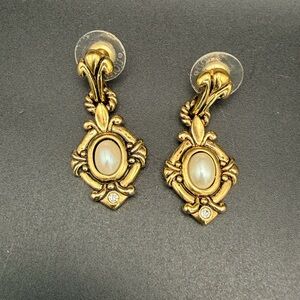 Avon Vintage Faux Pearl Gold-Tone Earring Set With Small Rhinestones For Pierced